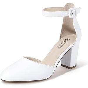 Idifu Womens Size 5.5 White Closed Toe 3" Chunky Heel Ankle Strap Wedding Shoes